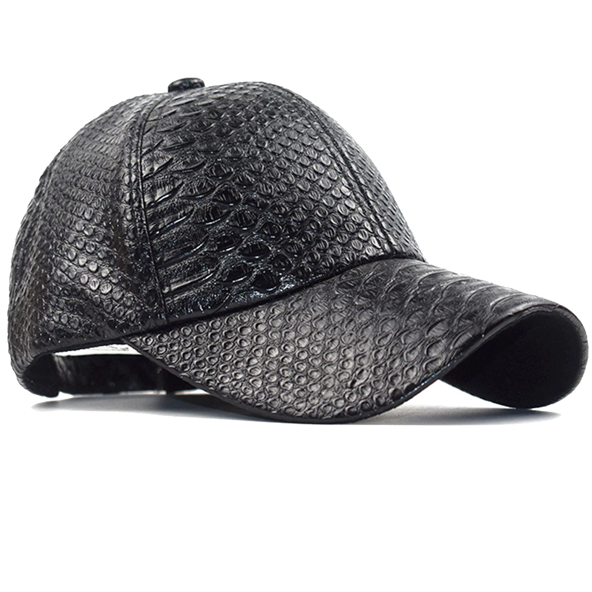 IZUS Women-Men PU-Leather Snakeskin-Embossed Baseball-Cap Cool-Hip-Hop Trucker-Hats Adjustable Casual-Dad-Hat for Medium Black