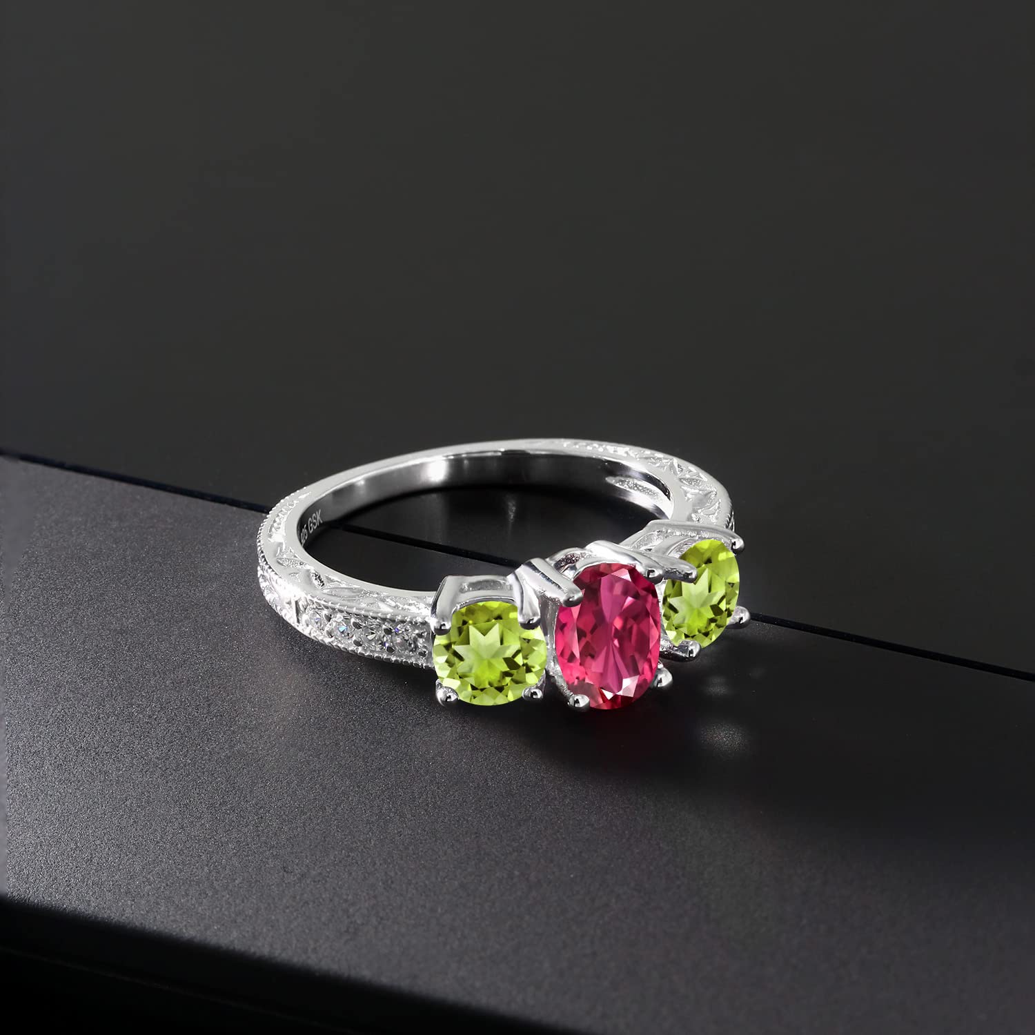 Gem Stone King 925 Sterling Silver Oval Pink Tourmaline Green Peridot and Moissanite Women Ring (2.07 Cttw, Gemstone Birthstone, Available In Size 5, 6, 7, 8, 9)