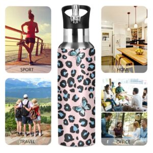 senya Water Bottle 0014 Stainless Steel with Straw Lid Kids Thermos Bottle Water Flask Butterfly Leopard Cheetah Print for Sport Office Gym Outdoor School 20 oz