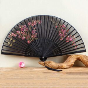 FKJLUN Handmade Folding Fan Women's Folding Fan Summer Japanese Cherry Blossom Fan Antique Wind Fan Silk Cloth Fan Peony Fan Plum Distribution Fan Sleeve Handheld Fan (Color : Beige)