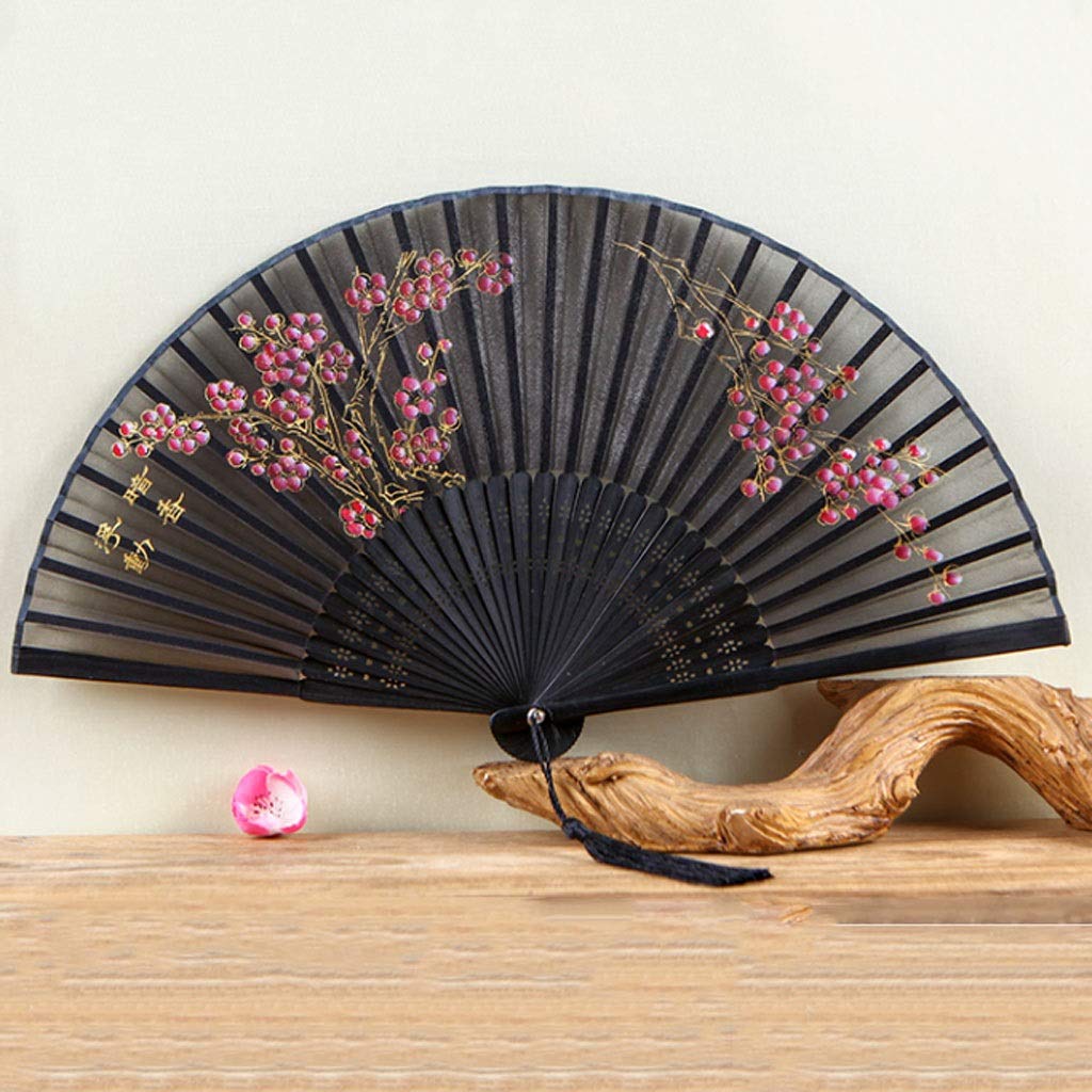 FKJLUN Handmade Folding Fan Women's Folding Fan Summer Japanese Cherry Blossom Fan Antique Wind Fan Silk Cloth Fan Peony Fan Plum Distribution Fan Sleeve Handheld Fan (Color : Beige)