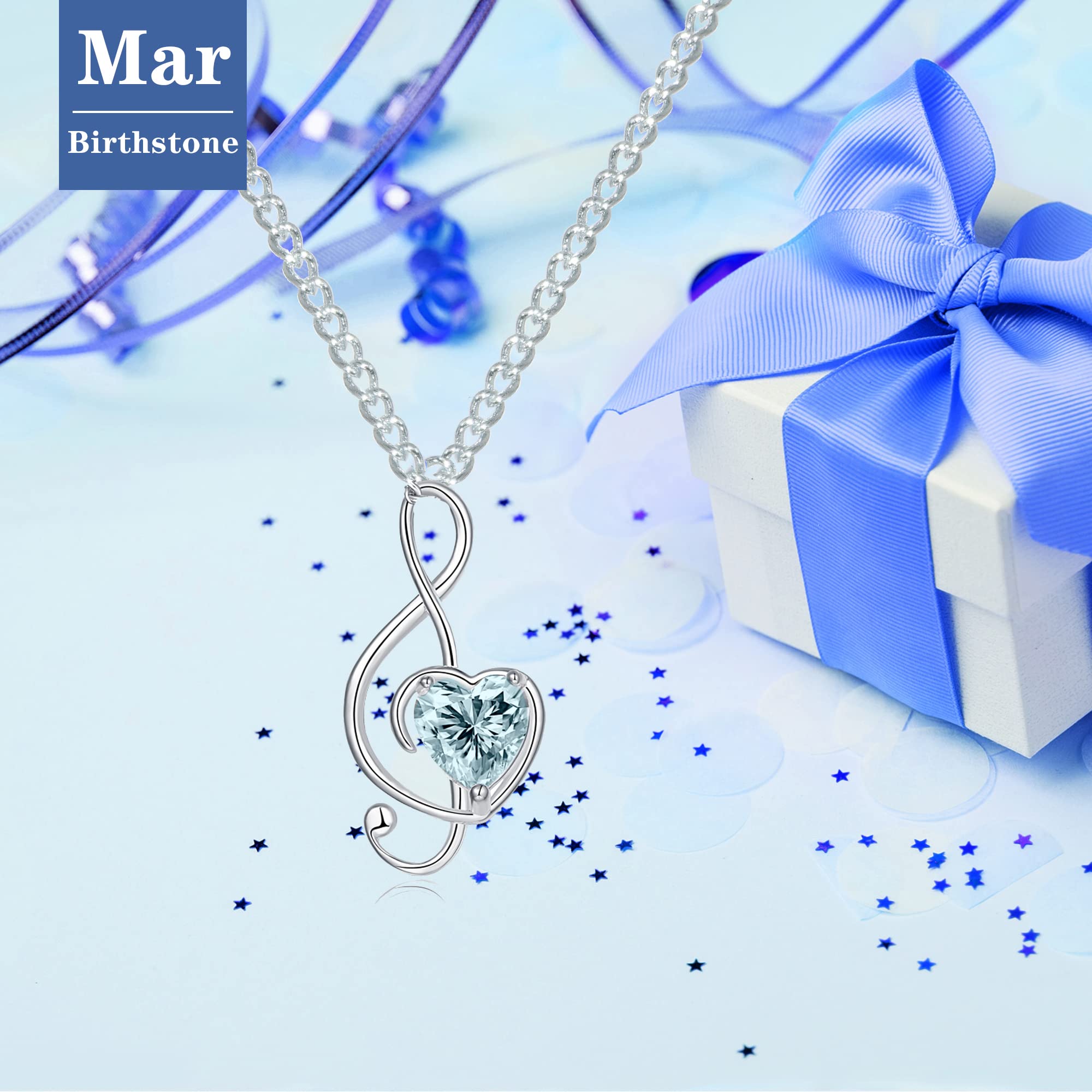 White Gold 925 Sterling Silver Blue Aquamarine Heart Treble Bass Clef Music Lovers Note Pendant Necklaces for Women Men March Birthstone Musical Rock Jewelry Birthday Mother Day Christmas Gifts