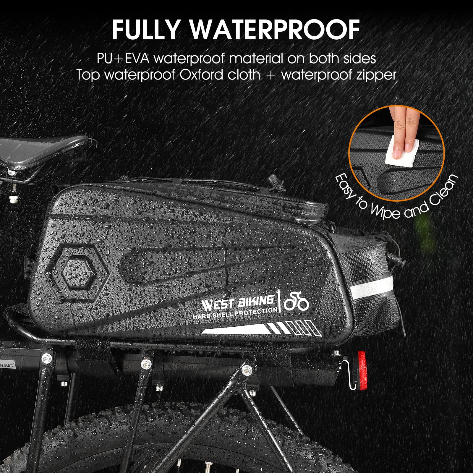 West Biking Bike Rear Seat Bag, Double Water Resistant, Zipper, Bicycle Trunk Pannier, 8.6L Capacity Waterproof Backseat Carrier Cargo Pouch with Strap & Rain Cover For Cycling