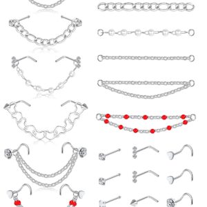 TEN MIRO Nose Chain Piercing Across Nose Surgical Steel Nostril Piercing Jewelry CZ L Shaped Nose Studs and Heart Chain 20g Nose Chain Piercing for Women(3.8MM)