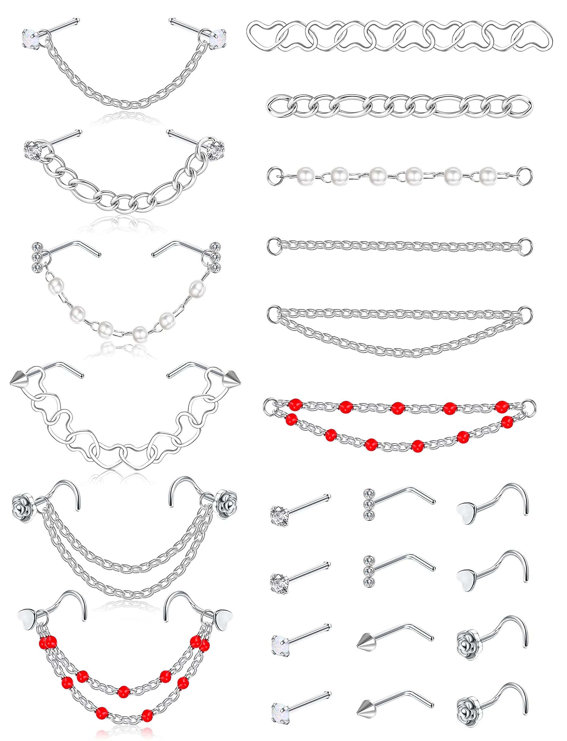 TEN MIRO Nose Chain Piercing Across Nose Surgical Steel Nostril Piercing Jewelry CZ L Shaped Nose Studs and Heart Chain 20g Nose Chain Piercing for Women(3.8MM)