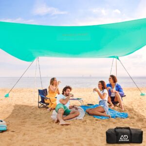 adesign windproof beach tent sun shelter with 8 sandbags, wind resistant large family beach canopy with sand shovel, upf50+, 6.5 ft tall, easy setup sun shade for beach vacation