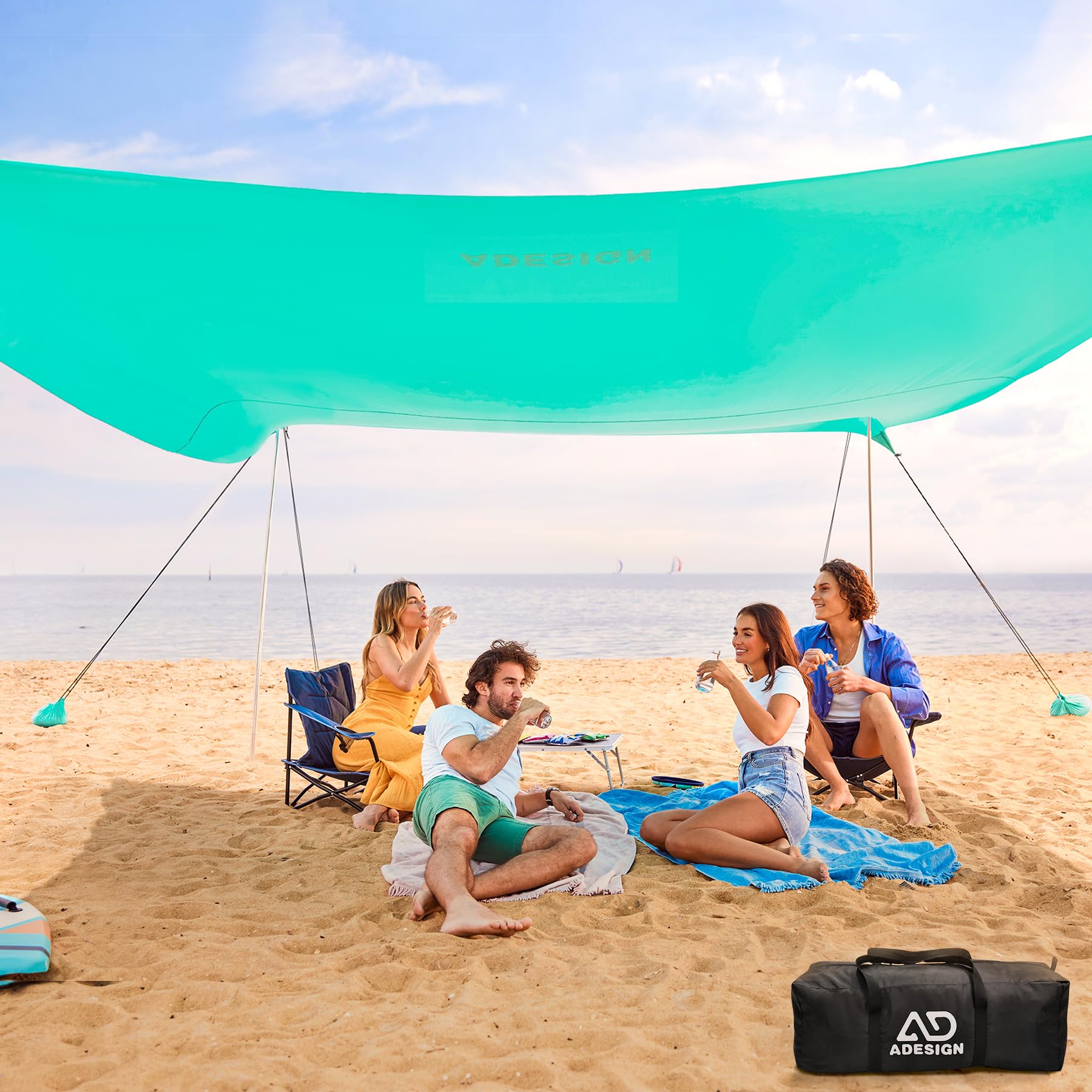 ADesign Windproof Beach Tent Sun Shelter with 8 Sandbags, Wind Resistant Large Family Beach Canopy with Sand Shovel, UPF50+, 6.5 FT Tall, Easy Setup Sun Shade for Beach Vacation