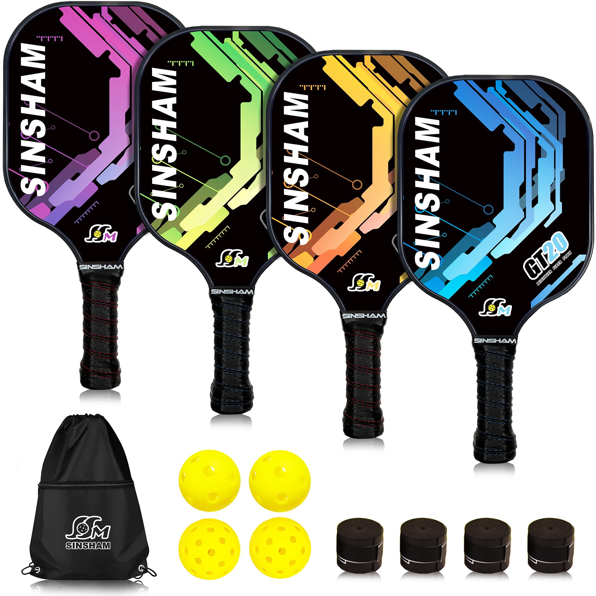 SINSHAM Pickleball Paddles Set of 4-Graphite Pickleball Rackets Set Includes 4 Pickleball Paddles&4 Pickleball Ballsp&1 Portable Drawstring Bag