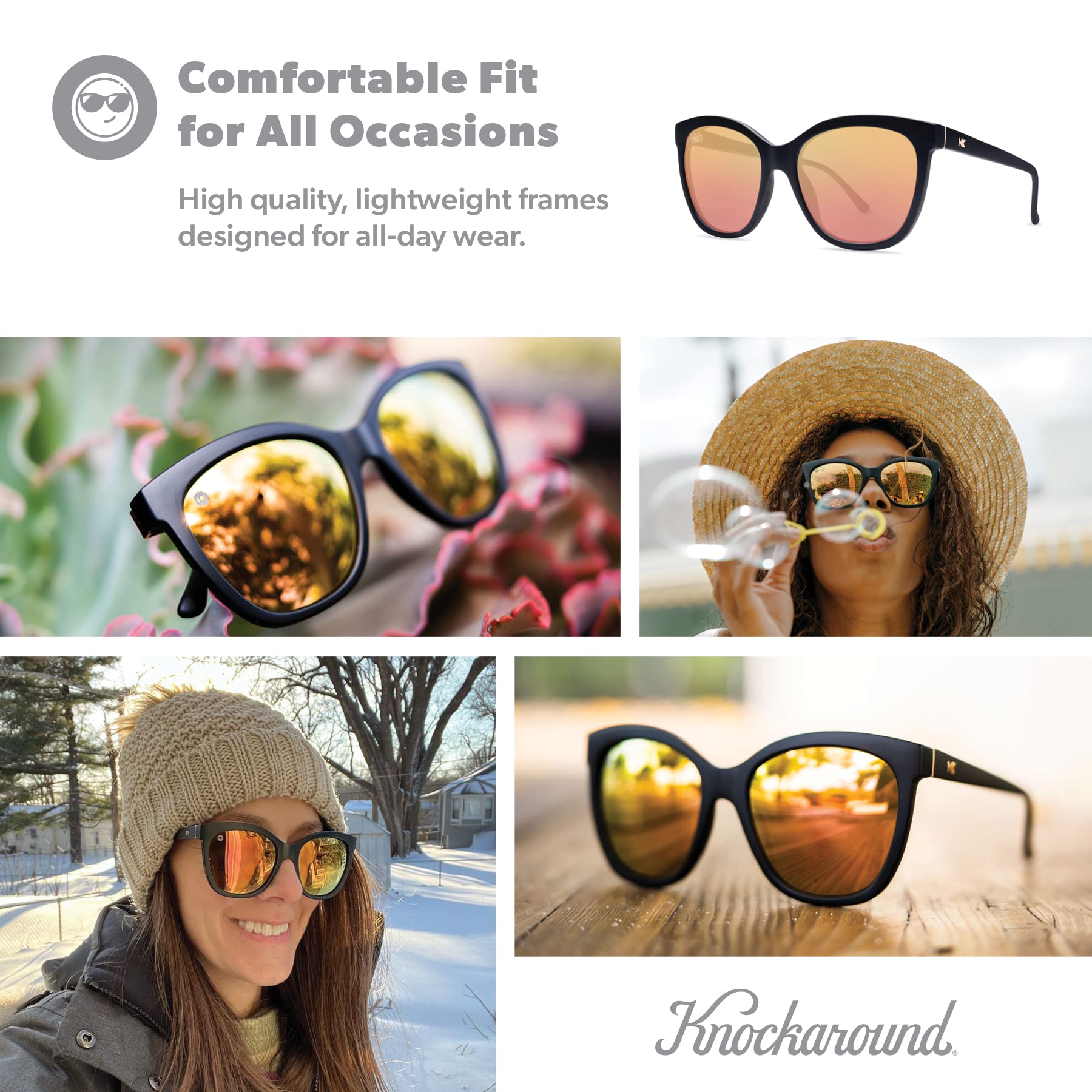 Knockaround Deja Views Polarized Sunglasses for Women - Impact Resistant Lenses & Full UV400 Protection, Matte Black/Rose Gold