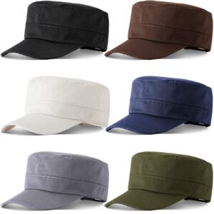 6 pieces military style hat cadet cap army fitted basic army hat vintage military cap adjustable costume cotton twill flat top hats for men women, solid color