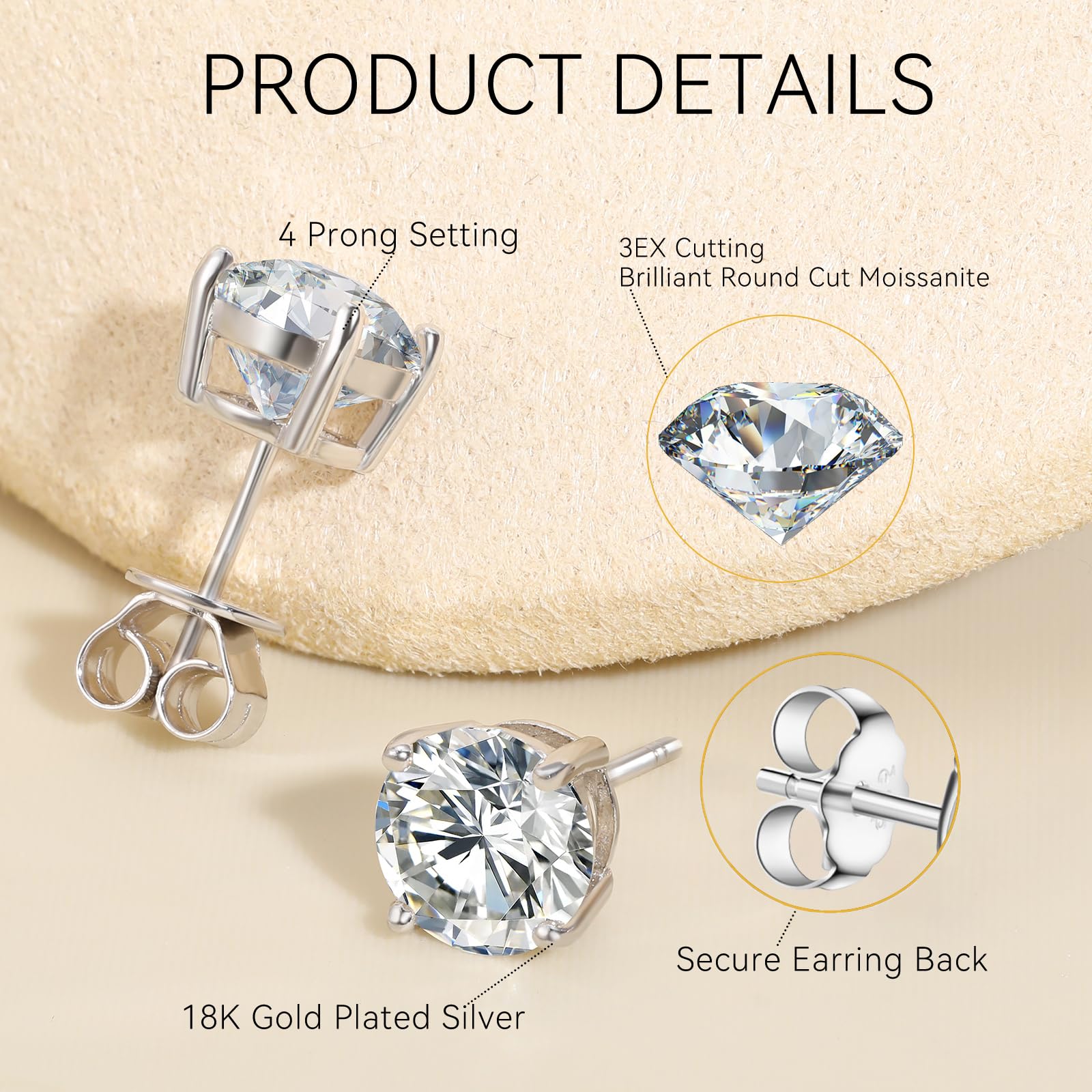 Moissanite Stud Earrings, 0.2CT-8.0CT a Pair Hypoallergenic Earrings D Color VVS1 Clarity Brilliant Round Cut Lab Created Moissanite Diamond Earrings 18K White Yellow Gold Plated S925 Sterling Silver