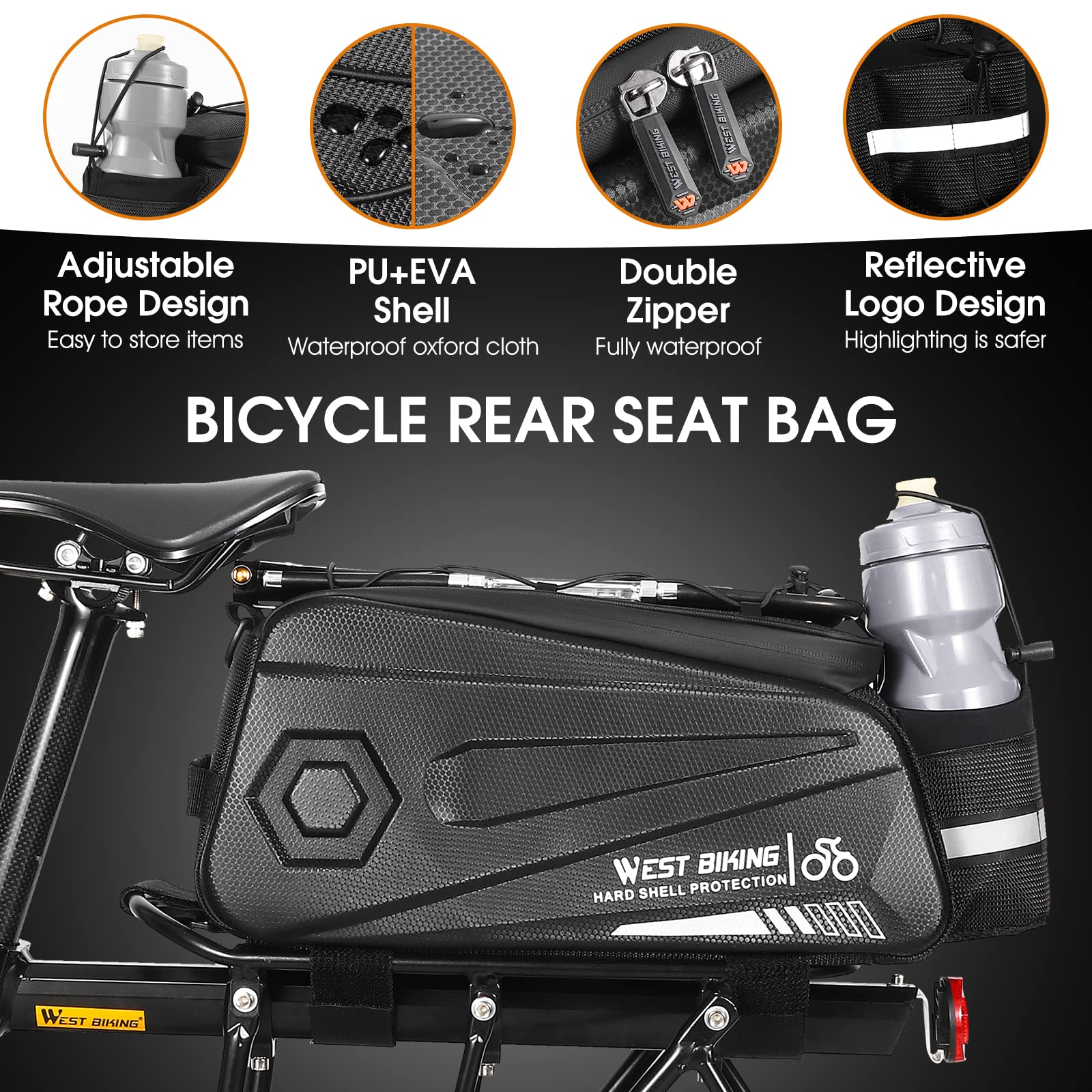 West Biking Bike Rear Seat Bag, Double Water Resistant, Zipper, Bicycle Trunk Pannier, 8.6L Capacity Waterproof Backseat Carrier Cargo Pouch with Strap & Rain Cover For Cycling