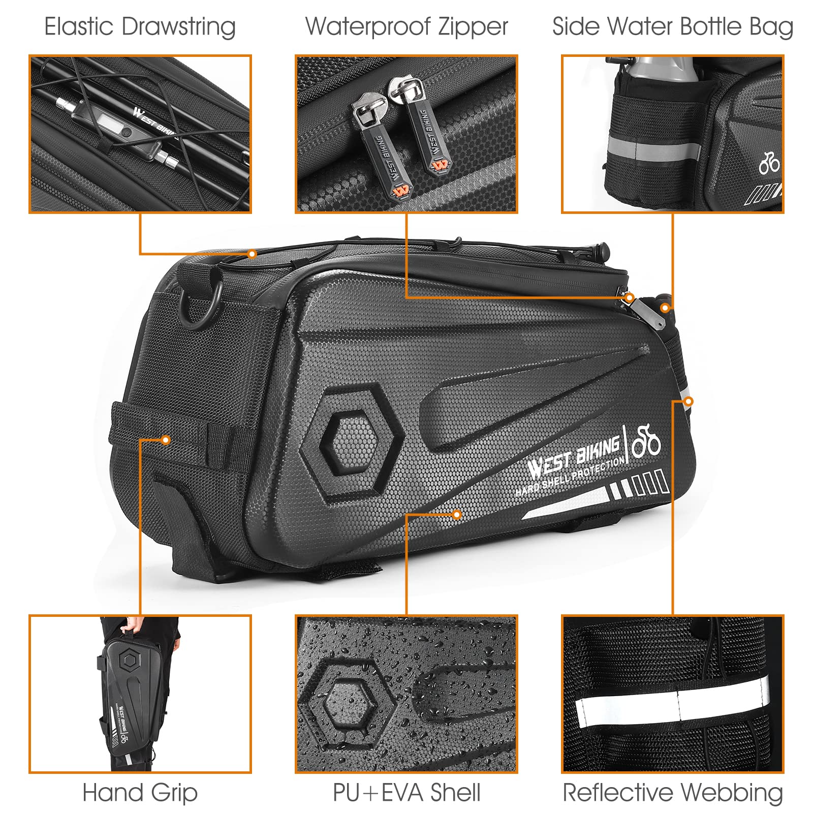 West Biking Bike Rear Seat Bag, Double Water Resistant, Zipper, Bicycle Trunk Pannier, 8.6L Capacity Waterproof Backseat Carrier Cargo Pouch with Strap & Rain Cover For Cycling