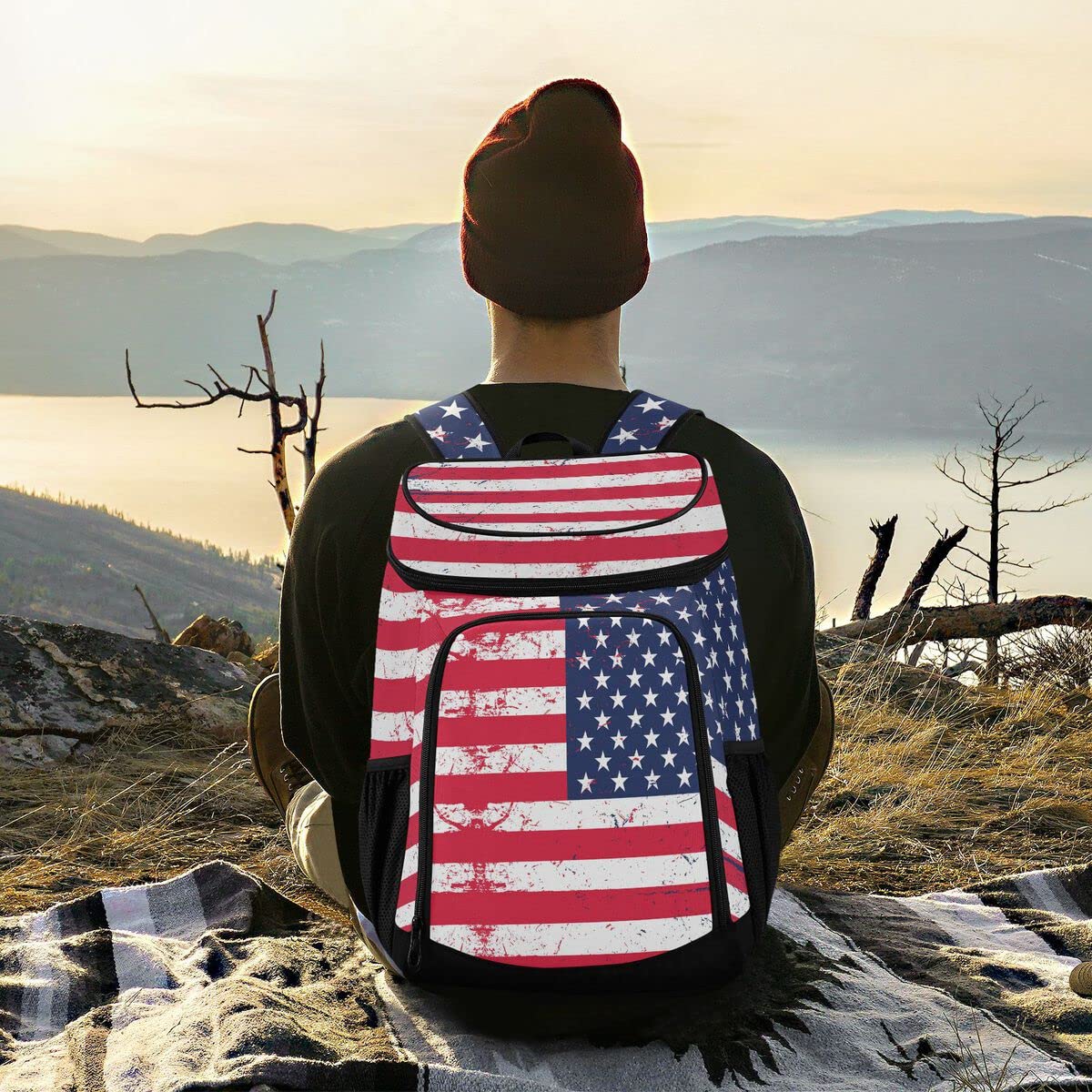 American Flag Cooler Backpacks Leakproof Backpack Cooler Insulated Lunch Cooler Bag 30 Cans Camping Coolers for Picnic Beach Road Trip