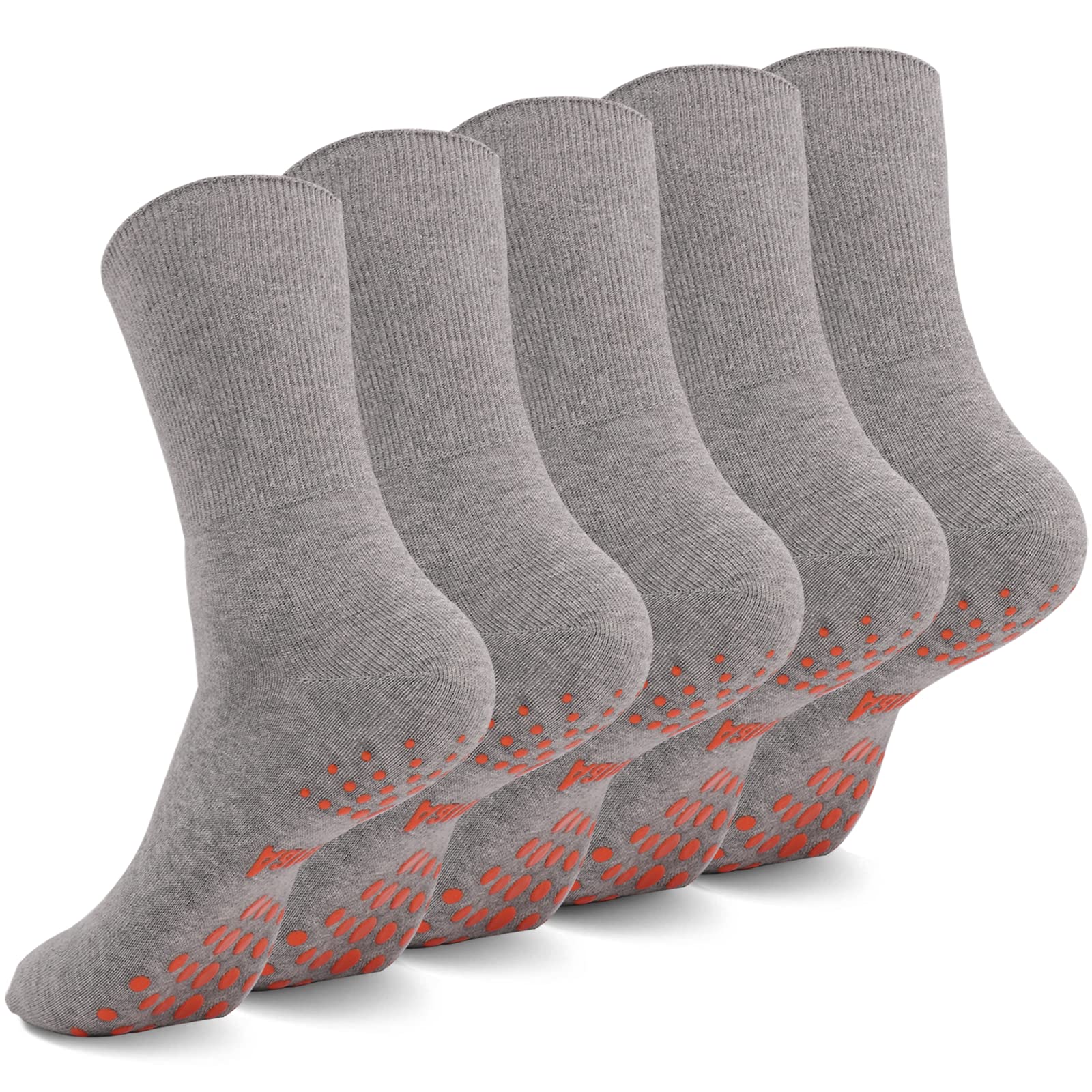 Aaronano Non Slip Grippy Sock-Non Skid Crew Socks for Elderly Yoga Hospital Socks Men Women 5 light Gray L