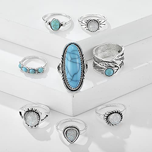 ATTORNEY Bohemian Stacked Ring Stacked Knuckle Ring Joint Knuckle Rings Set Oval Turquoise Finger Ring Opal Gemstone Teardrop Midi Rings Gothic Ring for Teen Girl and Women (A)