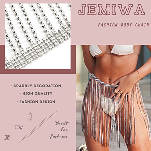 Jemiwa Rhinestone Fringe Belt Skirt Sliver Sparkly Tassel Body Chain Wrap Skirts Crystal Belly Dance Hip Scarf Rave Belts Outfit for Women (Silver)