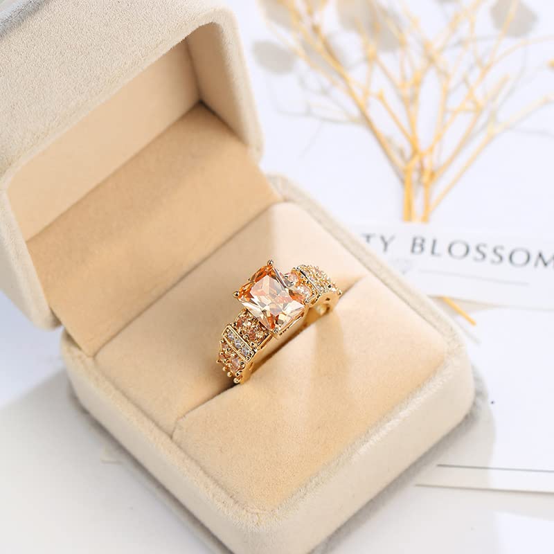 DCFSHEE Square Halo 14k Yellow Gold Plated Cubic Zirconia CZ Jewelry, Wedding Party Statement Cocktails Fashion Morganite Crystal Champagne Rings for Women Size 6-10 (US size 9)