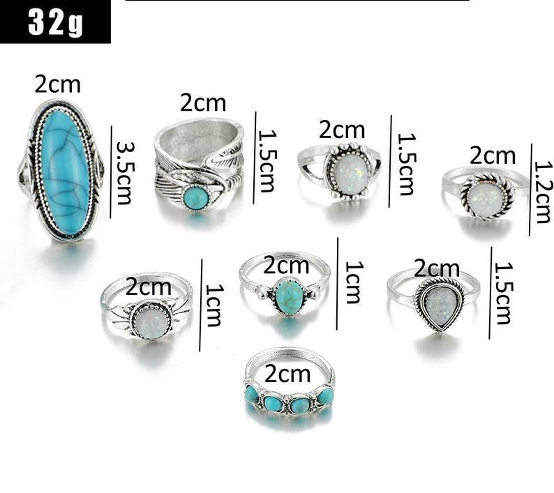 ATTORNEY Bohemian Stacked Ring Stacked Knuckle Ring Joint Knuckle Rings Set Oval Turquoise Finger Ring Opal Gemstone Teardrop Midi Rings Gothic Ring for Teen Girl and Women (A)