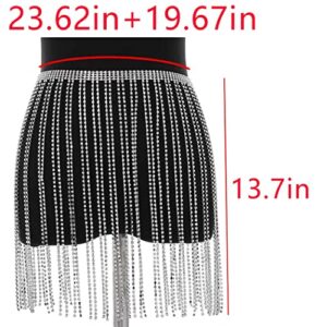 Jemiwa Rhinestone Fringe Belt Skirt Sliver Sparkly Tassel Body Chain Wrap Skirts Crystal Belly Dance Hip Scarf Rave Belts Outfit for Women (Silver)