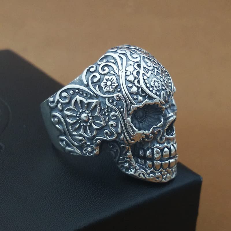 Sugar Skull Ring for Men Women sterling silver - Santa Muerte - Day of the dead Gothic Biker Ring Vintage Mexican Skull Ring Sterling Silver (8)