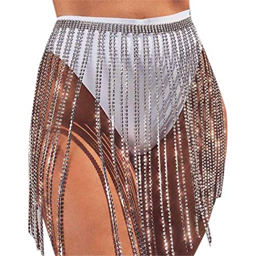 Jemiwa Rhinestone Fringe Belt Skirt Sliver Sparkly Tassel Body Chain Wrap Skirts Crystal Belly Dance Hip Scarf Rave Belts Outfit for Women (Silver)