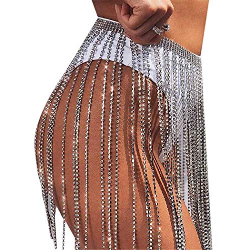 Jemiwa Rhinestone Fringe Belt Skirt Sliver Sparkly Tassel Body Chain Wrap Skirts Crystal Belly Dance Hip Scarf Rave Belts Outfit for Women (Silver)