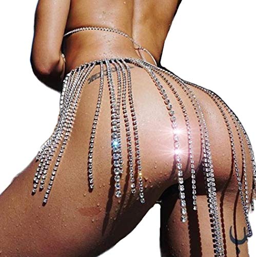 Jemiwa Rhinestone Fringe Belt Skirt Sliver Sparkly Tassel Body Chain Wrap Skirts Crystal Belly Dance Hip Scarf Rave Belts Outfit for Women (Silver)