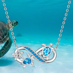 Turtle Necklace for Women Mom Sterling Silver Sea Turtle Pendant Infinity Mother and Daughter Necklaces Blue Opal Tortoise Ocean Wave Jewelry Mothers Day Gifts