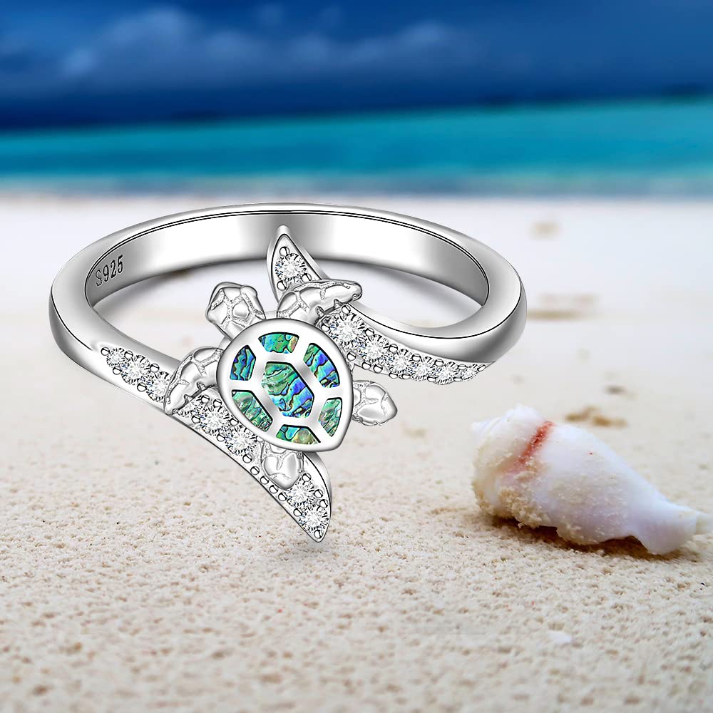 Fenthring Sterling Silver Sea Turtle Ring Abalone Shell Ocean Wave Cute Animal Rings for Women Jewelry Mothers Day Longevity Gifts Size 9