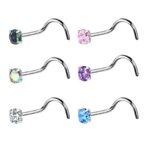 BelezaDosas 6pcs G23 Titanium Nose Studs 18G 20G Screw Nose Ring Press Fit 2mm 2.5mm 3mm Piercing Jewelry for Sensitive Skin (20G 3.0mm Claw CZ 6PCS)