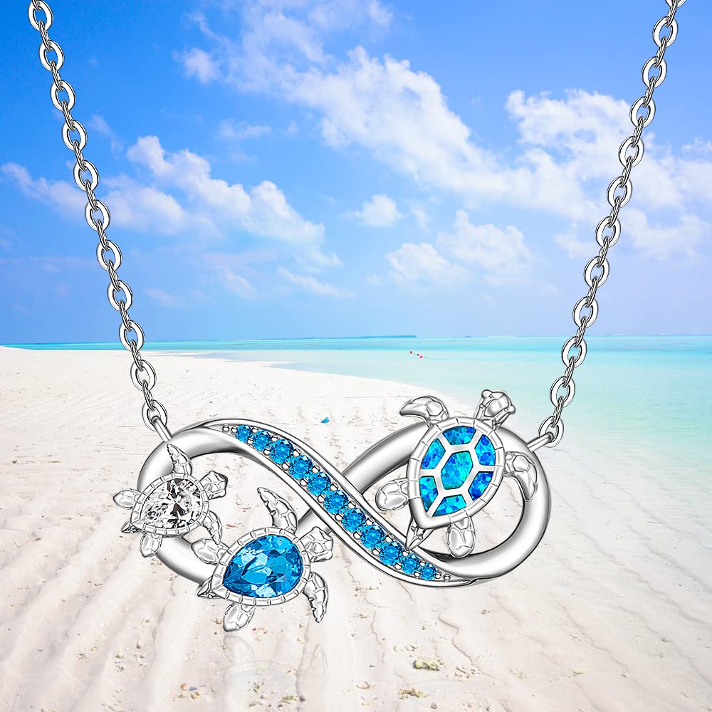 Turtle Necklace for Women Mom Sterling Silver Sea Turtle Pendant Infinity Mother and Daughter Necklaces Blue Opal Tortoise Ocean Wave Jewelry Mothers Day Gifts