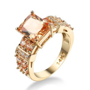 dcfshee square halo 14k yellow gold plated cubic zirconia cz jewelry, wedding party statement cocktails fashion morganite crystal champagne rings for women size 6-10 (us size 9)