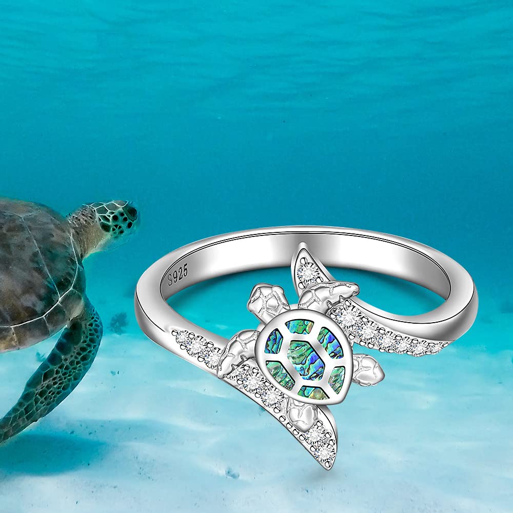 Fenthring Sterling Silver Sea Turtle Ring Abalone Shell Ocean Wave Cute Animal Rings for Women Jewelry Mothers Day Longevity Gifts Size 9