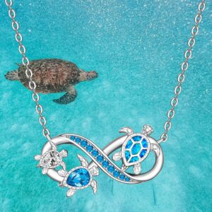 Turtle Necklace for Women Mom Sterling Silver Sea Turtle Pendant Infinity Mother and Daughter Necklaces Blue Opal Tortoise Ocean Wave Jewelry Mothers Day Gifts