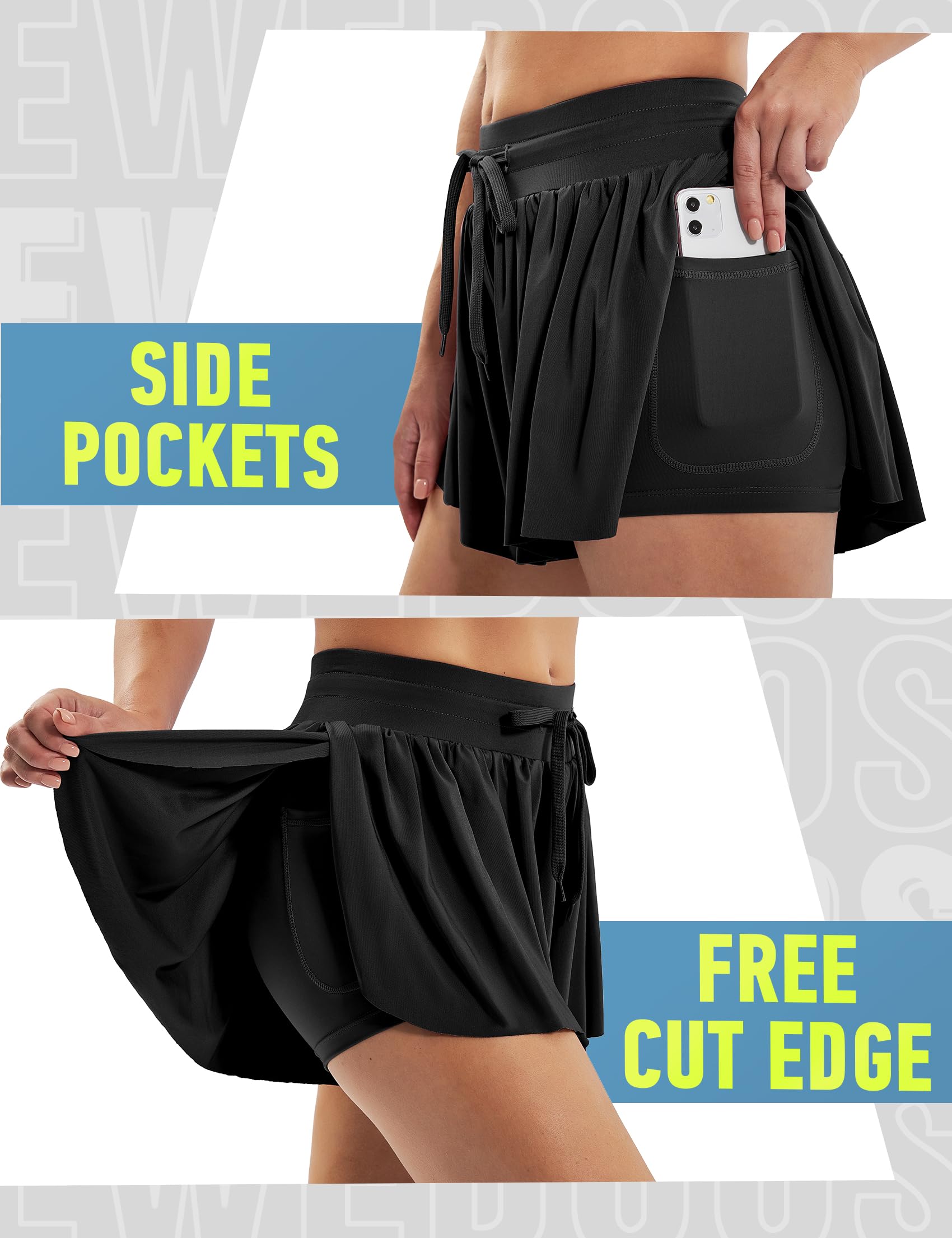 Ewedoos Flowy Shorts for Women 2 in 1 Gym Workout Shorts Women Breezy Soft Butterfly Yoga Athletic Running Shorts for Women Black