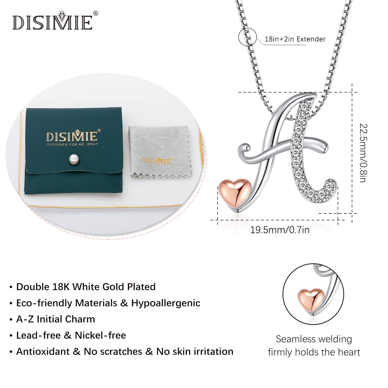 DISIMIE Silver Initial Name Necklaces for Women Girls, Letter Heart Pendant Necklace Aesthetic for Best Friend, Personalized Cute Chain Jewelry Birthday Anniversary Mother's Day Gift, Sterling