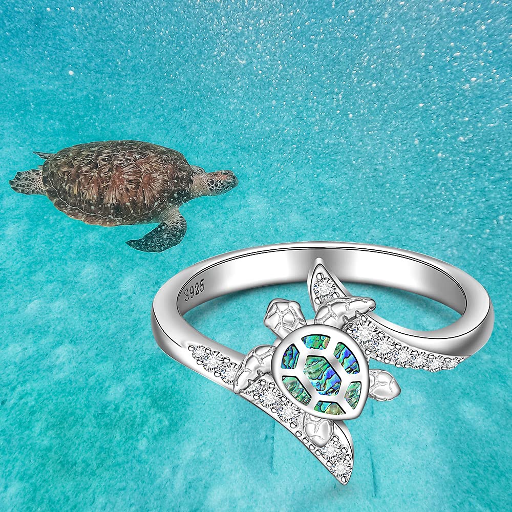 Fenthring Sterling Silver Sea Turtle Ring Abalone Shell Ocean Wave Cute Animal Rings for Women Jewelry Mothers Day Longevity Gifts Size 9