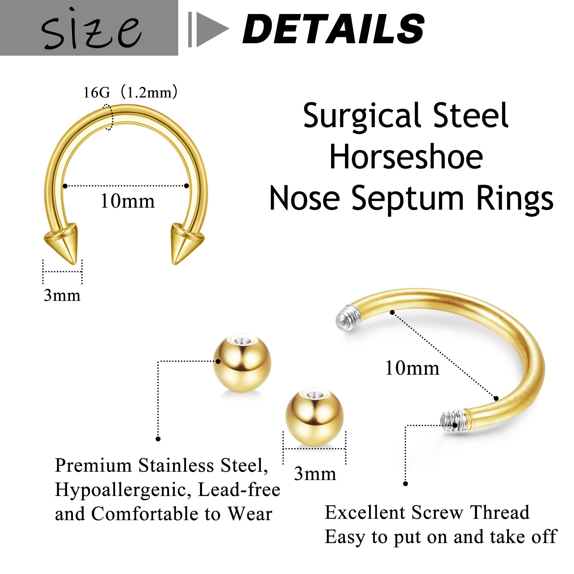 TEN MIRO 32Pcs 16G Horseshoe Nose Septum Rings Surgical Steel Eyebrow Tragus Lip Rings Daith Helix Cartilage Piercing Jewelry for Women Men Balls & Spikes Septum Jewelry 10mm