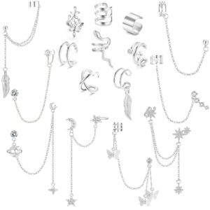 jstyle 16 pcs ear cuff earrings for women cuff chain earrings helix cartilage non piercing earring silver tone