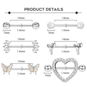 Besteel 8 Pairs Nipple Rings 14G Stainless Steel Nipplerings CZ Heart Butterfly Ball Tongue Barbell Rings Retainer Body Piercing Jewelry for Women Silver