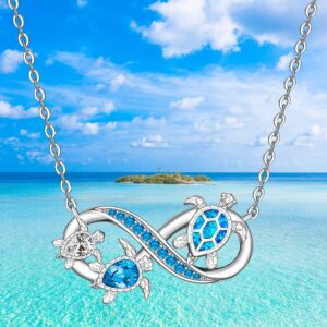 Turtle Necklace for Women Mom Sterling Silver Sea Turtle Pendant Infinity Mother and Daughter Necklaces Blue Opal Tortoise Ocean Wave Jewelry Mothers Day Gifts