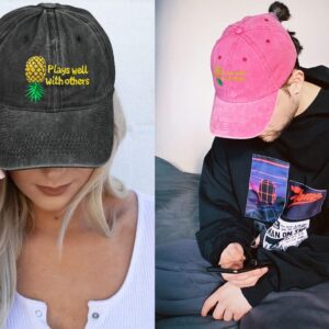 Embroidered Baseball Hat Plays Well with Others Caps Upside Down Pineapple Baseball Cap Adjustable Embroidery Denim Hats