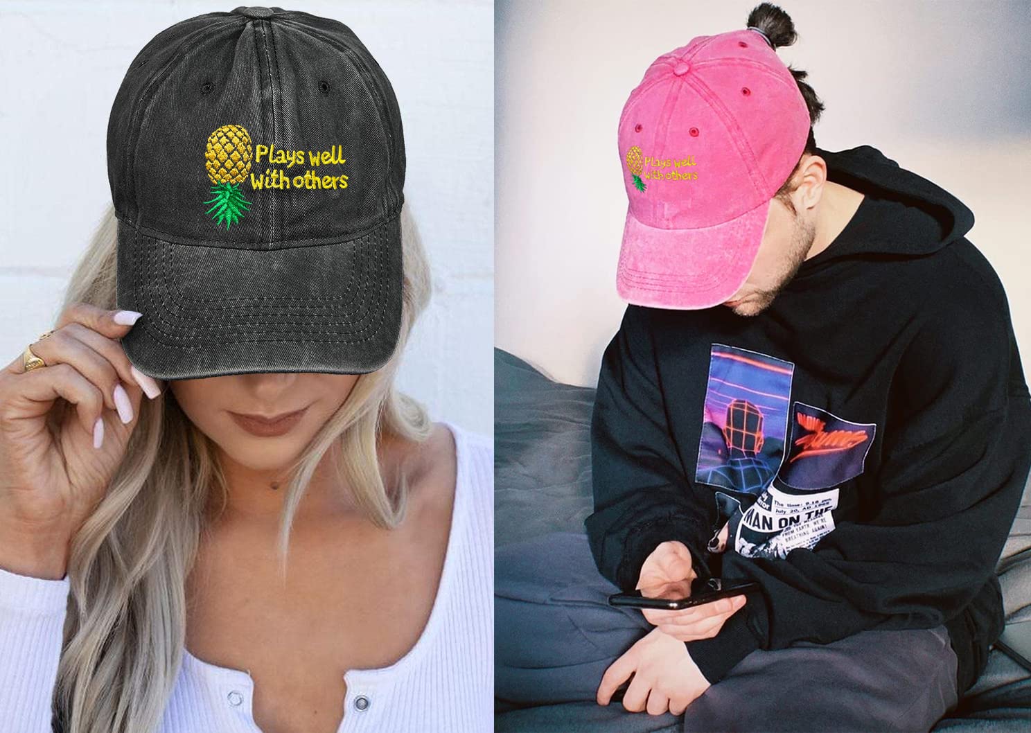 Embroidered Baseball Hat Plays Well with Others Caps Upside Down Pineapple Baseball Cap Adjustable Embroidery Denim Hats