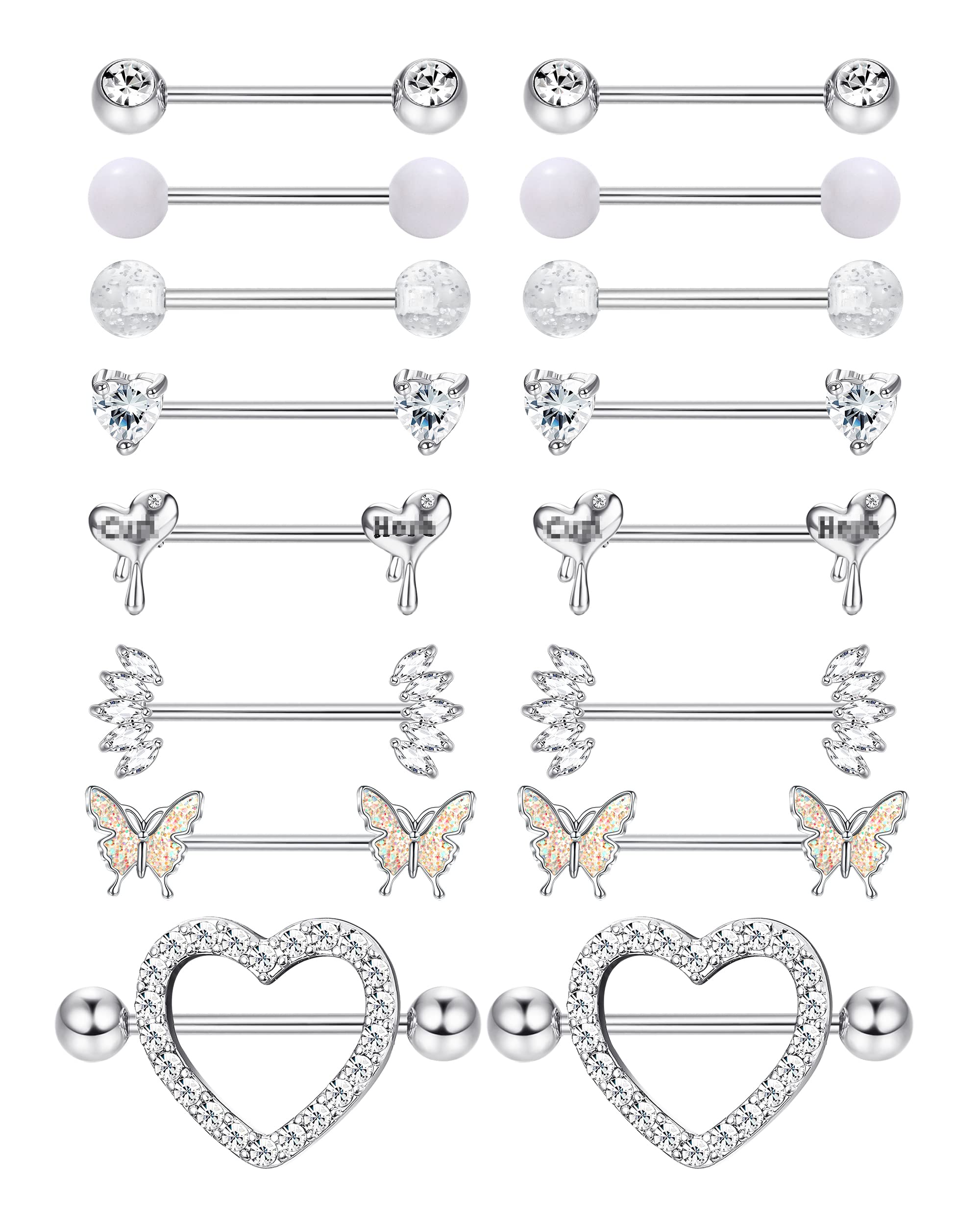 Besteel 8 Pairs Nipple Rings 14G Stainless Steel Nipplerings CZ Heart Butterfly Ball Tongue Barbell Rings Retainer Body Piercing Jewelry for Women Silver