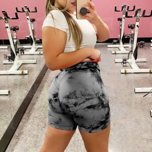 QOQ Womens Tie Dye Workout Biker Shorts Yoga Scrunch Booty High Waisted Tummy Control Athletic Short Leggings Black Grey XL