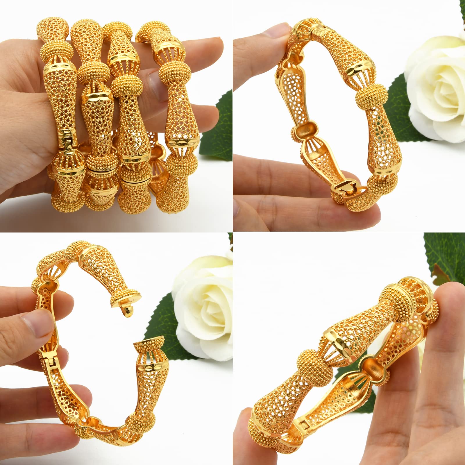 Dubai Gold Bangles for Women Indian African Wedding Bracelets 18K Gold Plated Ethiopian Bridal Jewelry-4pcs