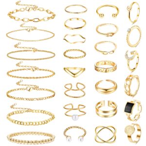 Sanfenly Chain Bracelet & Knuckle Stackable Rings Set for Women Gold/Silver Plated Stack Chain Link Bracelets Bangle Retro Vintage Joint Finger Rings Jewelry Set for Women Egril