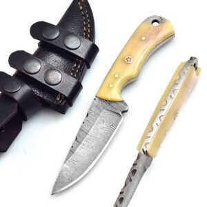 AA KNIVES 7” Handmade Damascus Hunting knife with Leather Sheath – EDC Fixed Blade Pocket Knife - Ideal for Camping, Skinning and Outdoor