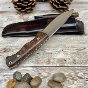 Handmade Fixed Blade Outdoor Knife with Sheath – Hunting, Bushcraft, Self Defense Bowie Knife – Tracker Knife with Wooden Handle & N690 German Bohler Steel Blade – Leather Sheath & Flint Rod Included